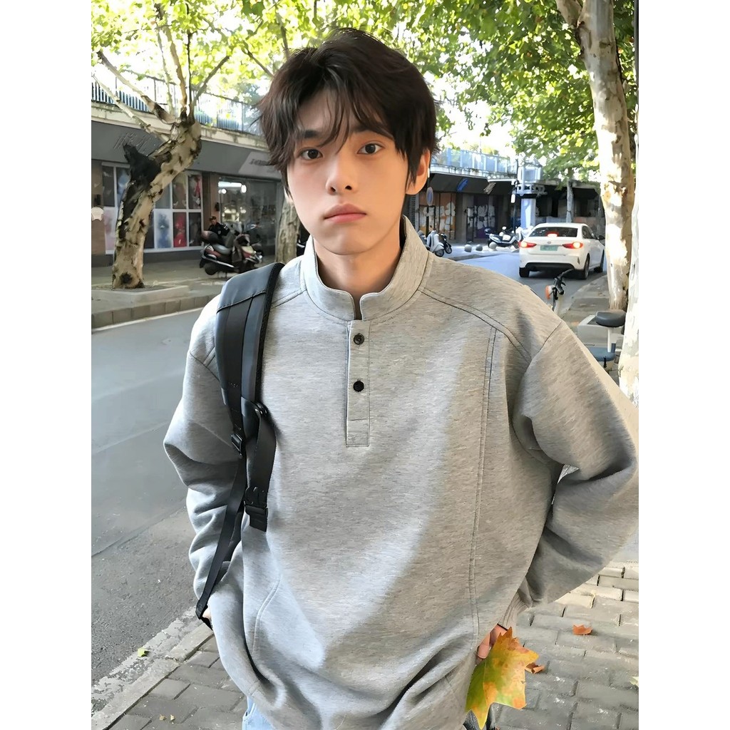 Cinza claro americano Henry colarinho moletom masculino primavera pesado gola alta manga comprida camiseta High-End inte