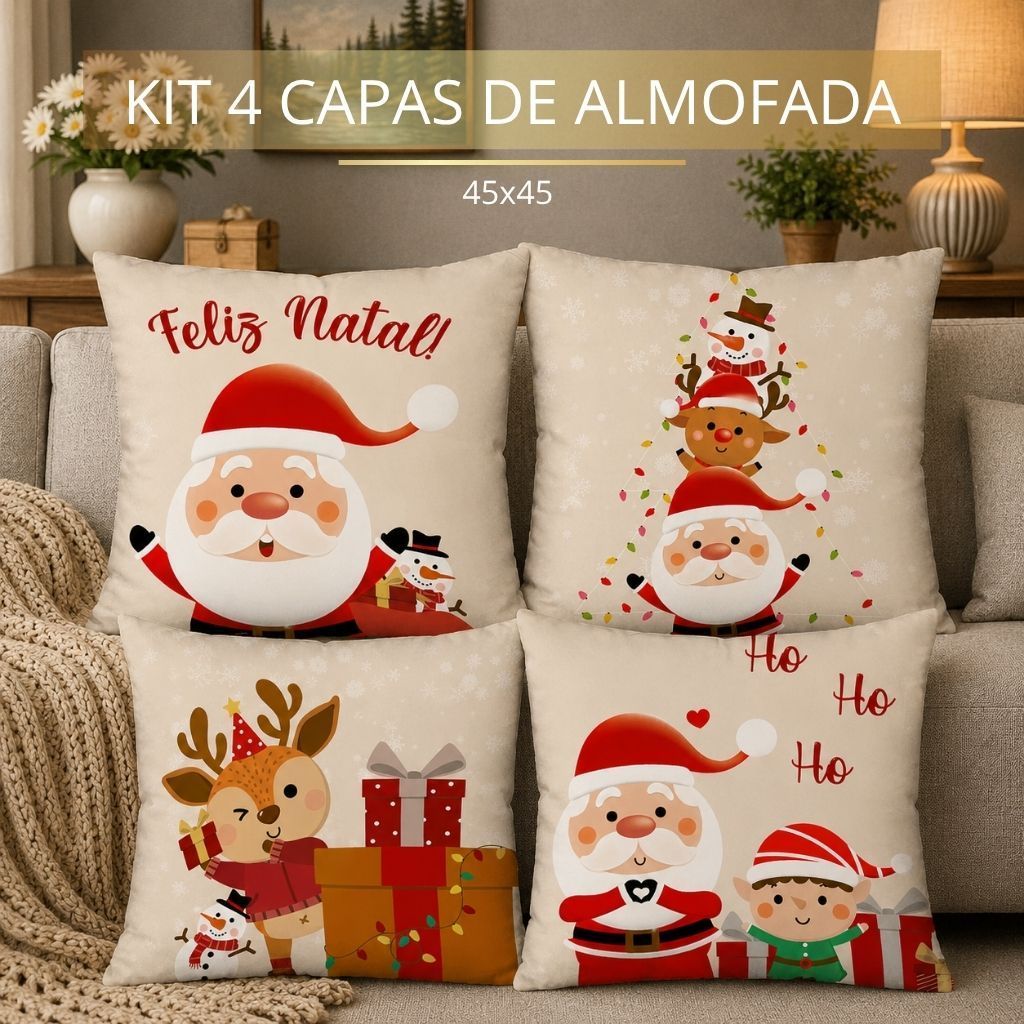NATAL! Kit com 4 Capas para Almofadas Decorativas 45x45cm Natal Noel e Amigos