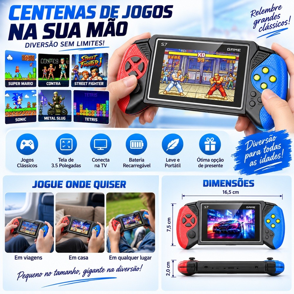 Console portátil S7 Game box com tela de 3.2 polegadas – vídeo game retrô com vários jogos clássicos