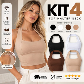 Kit 4 Top Halter Frente Única Regata Blusinha Halter Neck Moda Gringa Cropped Costas Acad…
