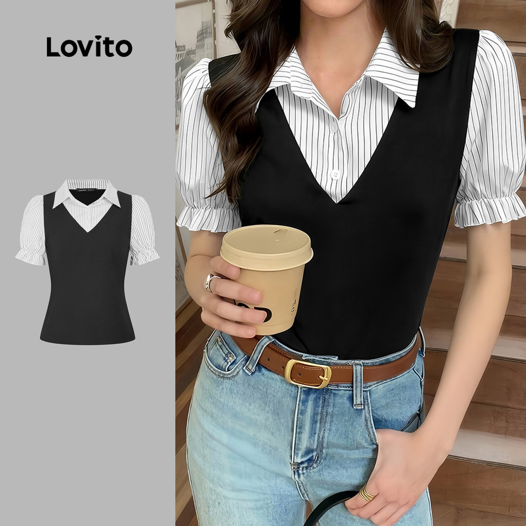 Lovito Blusa Elegante Falsa 2 em 1 Botões e Costura em Tecido Blusa Preto e Branco para Mulheres L198ED222