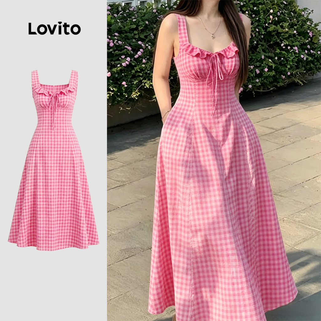 (New Arrival) Lovito Vestido Boho com Babado Drapeado para Primavera/verão Rosa para Mulheres L198ED207