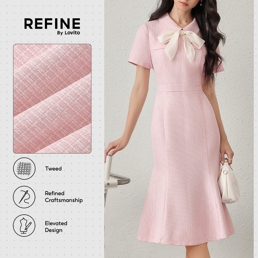 (Refine by Lovito)Vestido Social Tweed Amarração Frontal Linha Rosa Feminino Primavera/Verão DRR42P1D055