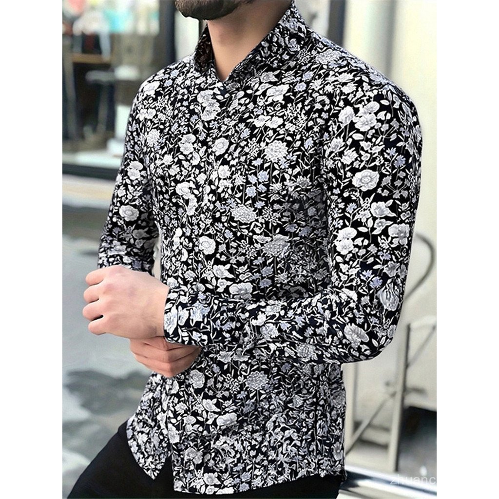 Novas Camisas Masculinas, Camisa Elástica de Manga Longa, Camisa Casual Fashion, Camisa Estampada Estilo Europeu e Ameri