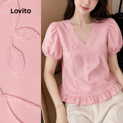 Lovito Blusa Casual Com E Detalhes De Babado Primavera/Verão Bordado Corderosa BLB198P1D216