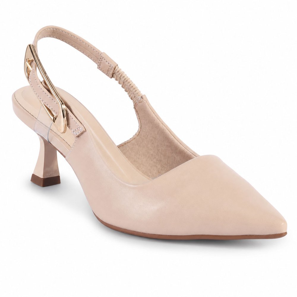 Scarpin Slingback Feminino Bebecê Salto Médio Taça Nude com Fivela Dourada e Calcanhar Aberto