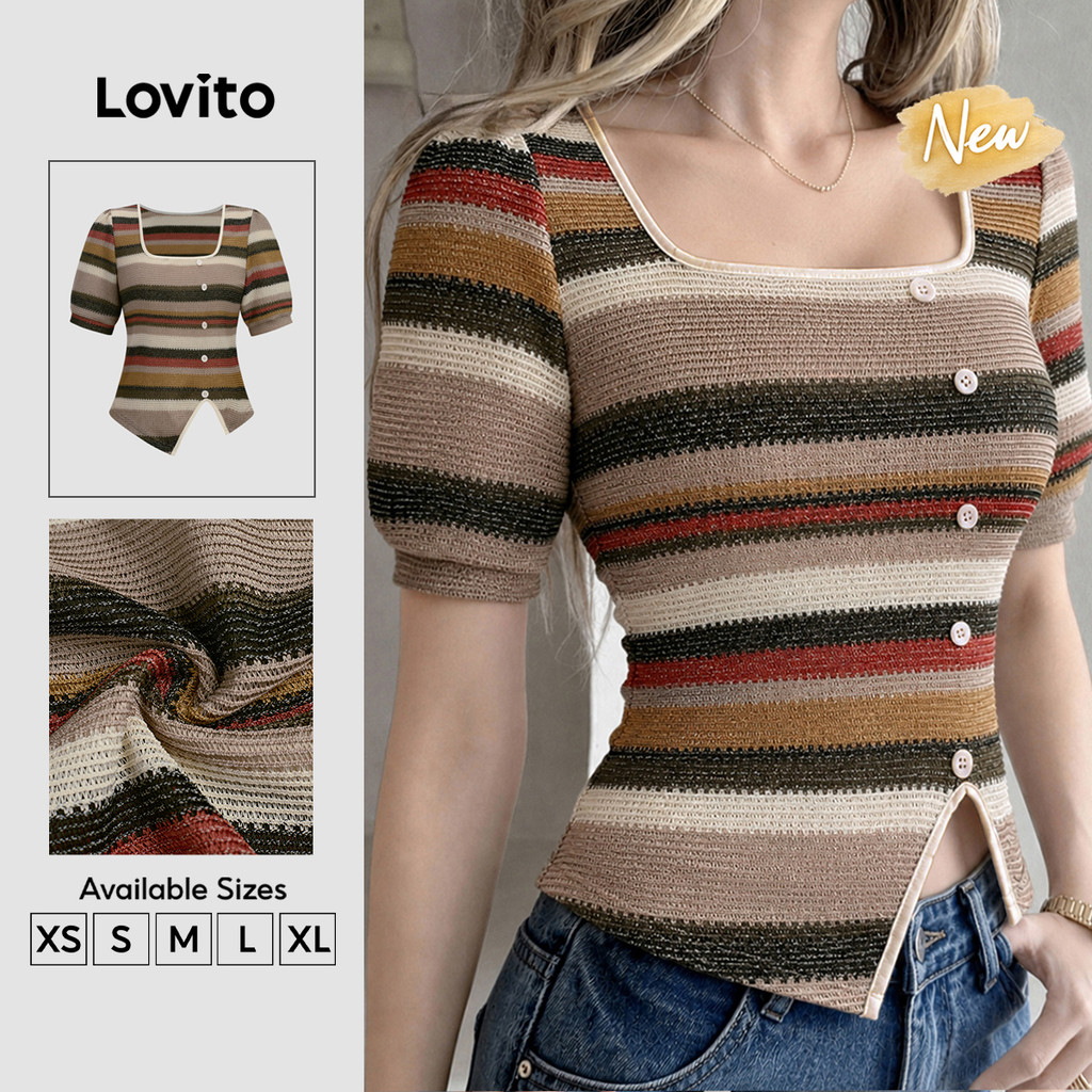 (New Arrival) Lovito Blusa Feminina Elegante Listrada Manga Curta Gola Quadrada Botões Assimétrica Primaveraverão Trabalho BLB205P2D052