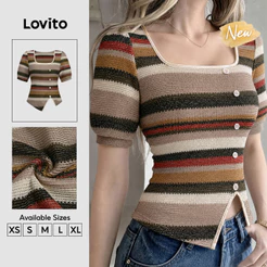 (New Arrival) Lovito Blusa Feminina Elegante Listrada Manga Curta Gola Quadrada Botões Assimétrica Primaveraverão Trabalho BLB205P2D052