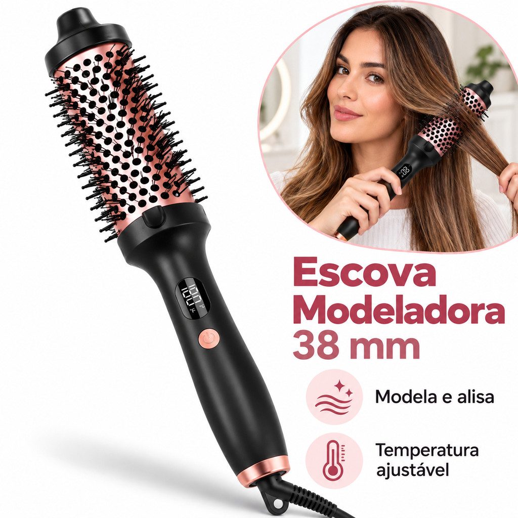 Modelador de cabelo com Escova Secadora Alisadora Eletrica 3 Em 1 Bivolt Alisa Modela Com Led Anti Friz