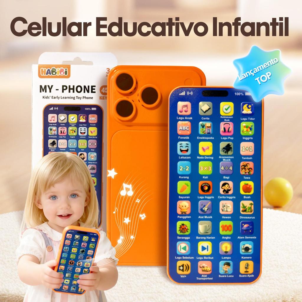 Celular Infantil de Brinquedo IP17 45 Botões Educacional Recarregável Resistente a Quedas, Músicas e histórias，3+ Anos