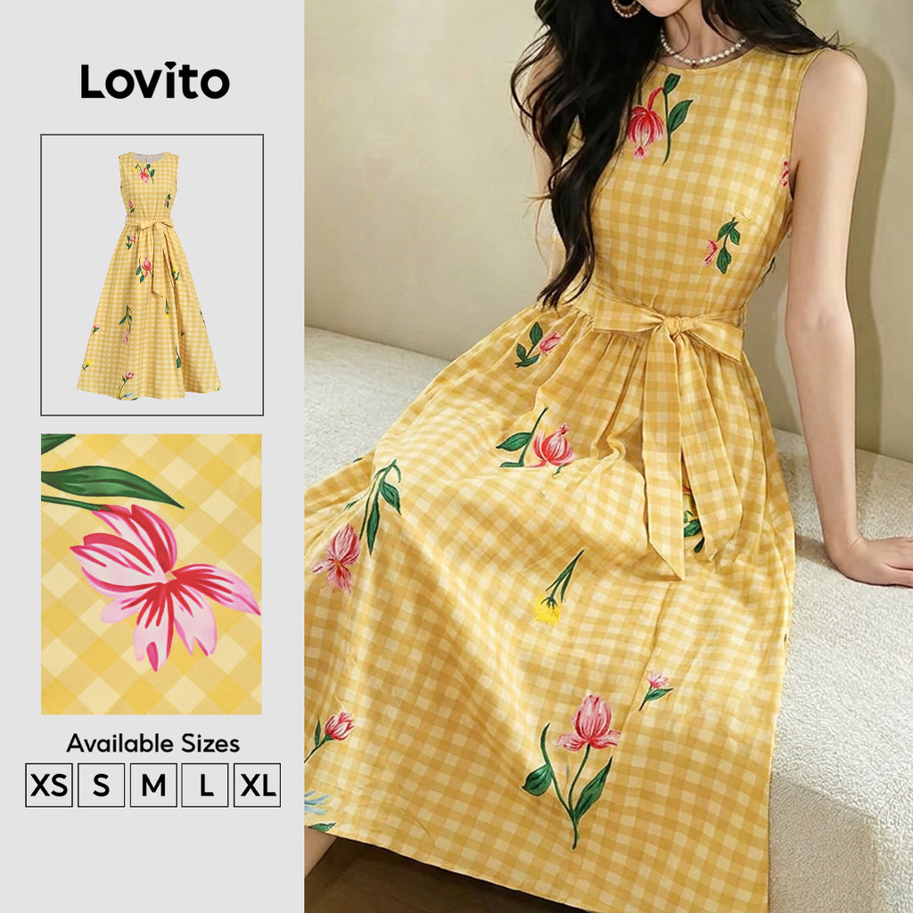 Lovito Vestido Elegante de Amarrar Simples para a Primavera/verão Amarelo para mulheres Bordado DRK8P2D929