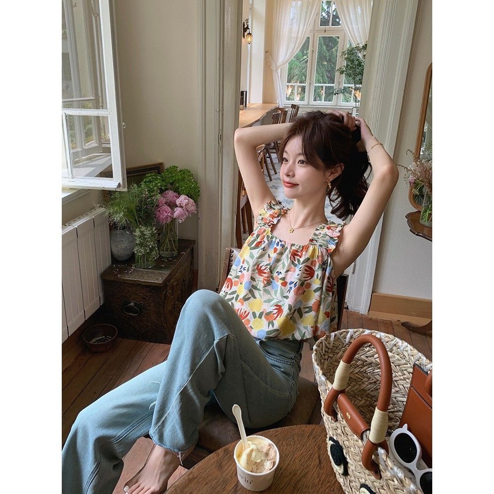 Chá menina novo estilo Design impresso camisola feminina verão curto fino-ajuste estilo férias topo pequeno