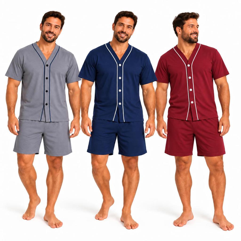 KIT 2 Pijamas Masculino Meia Manga Pijama Americano Roupa de Dormir Pijama de Botões