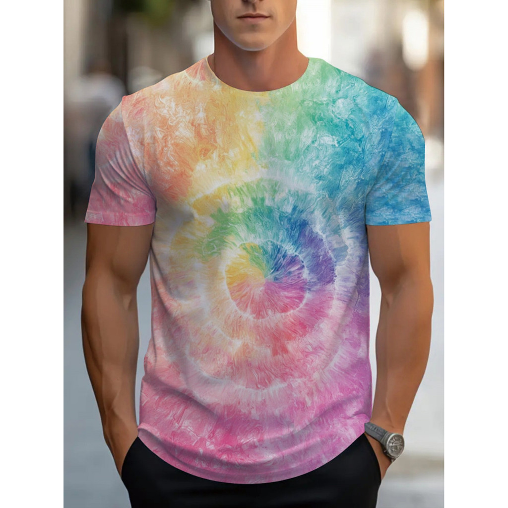Camiseta masculina Tie-Dye - Design brilhante de redemoinho arco-íris, tecido macio e durável, camiseta Casual de versão
