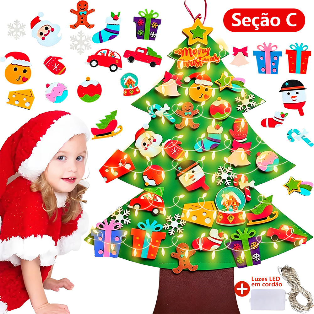 Árvore de Natal Infantil em Feltro com Enfeites e Luzes LED