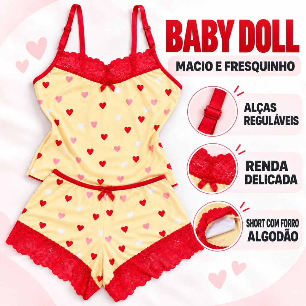 Baby Doll Feminino C/ Renda Suede Estampado Fresquinho Short Doll Roupa de Dormir