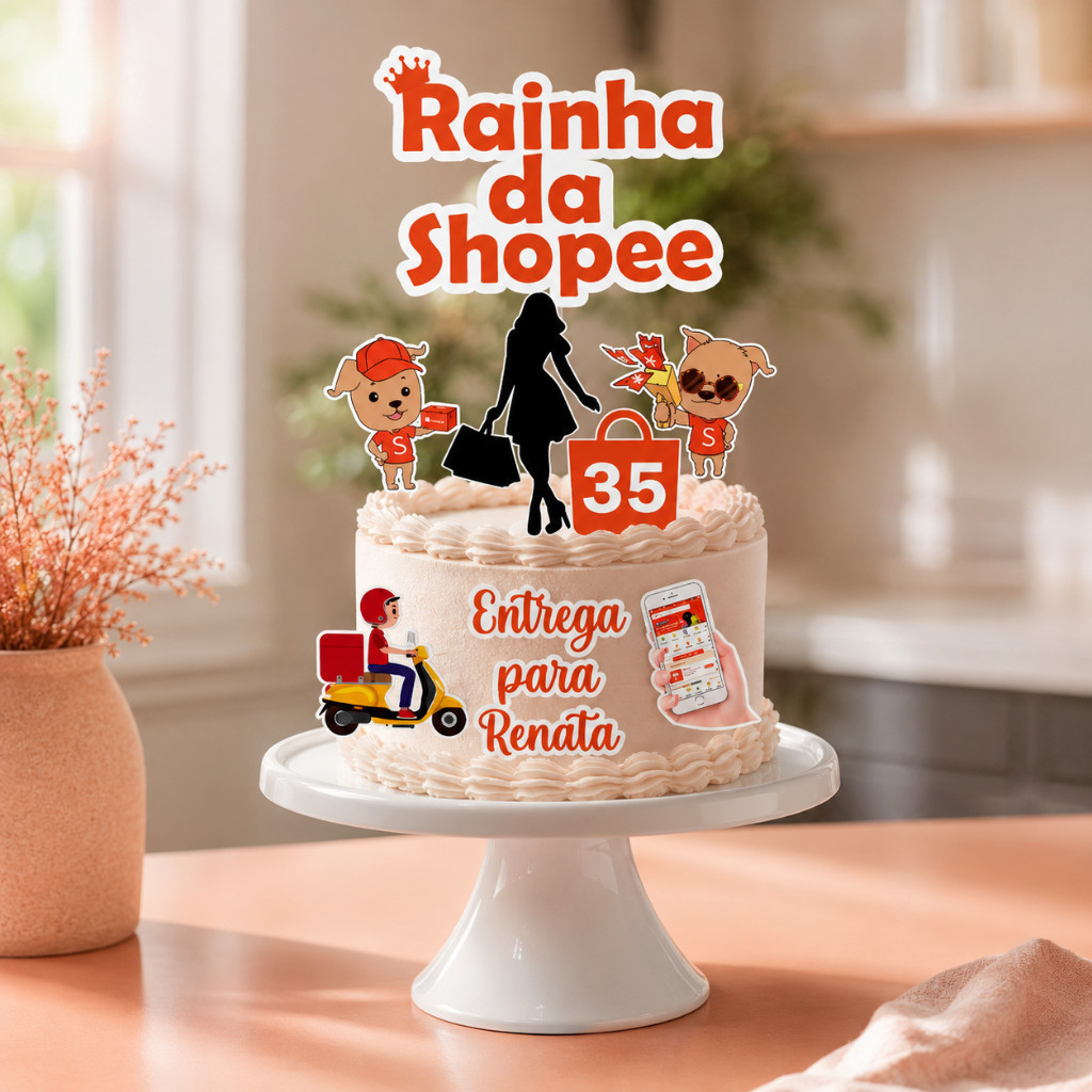Topo de Bolo Rainha da Shopee 8 Itens - Aniversário
