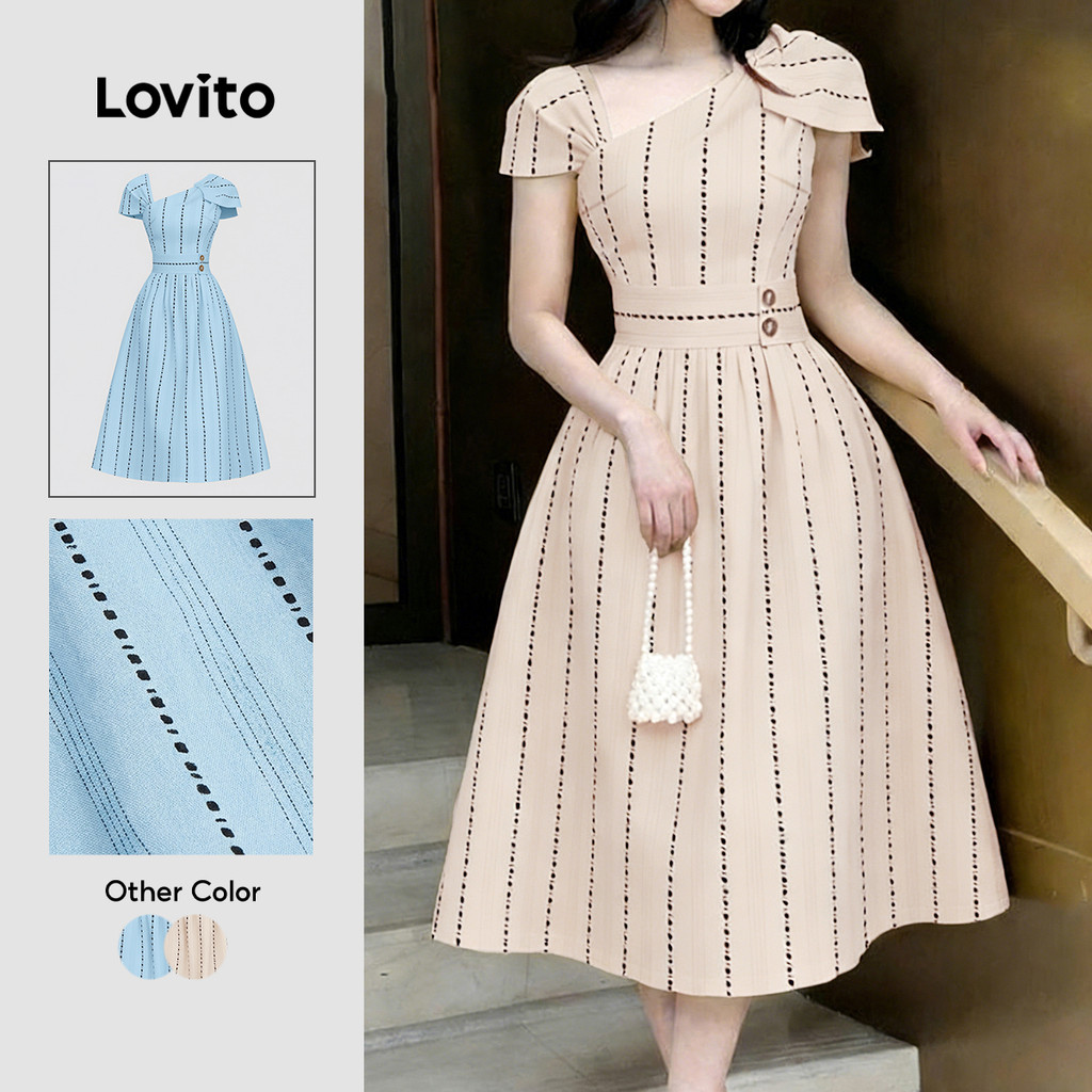 Lovito Midi Elegante Vestido com botão assimétrico plissado primavera/verão para mulheres LK3ED896