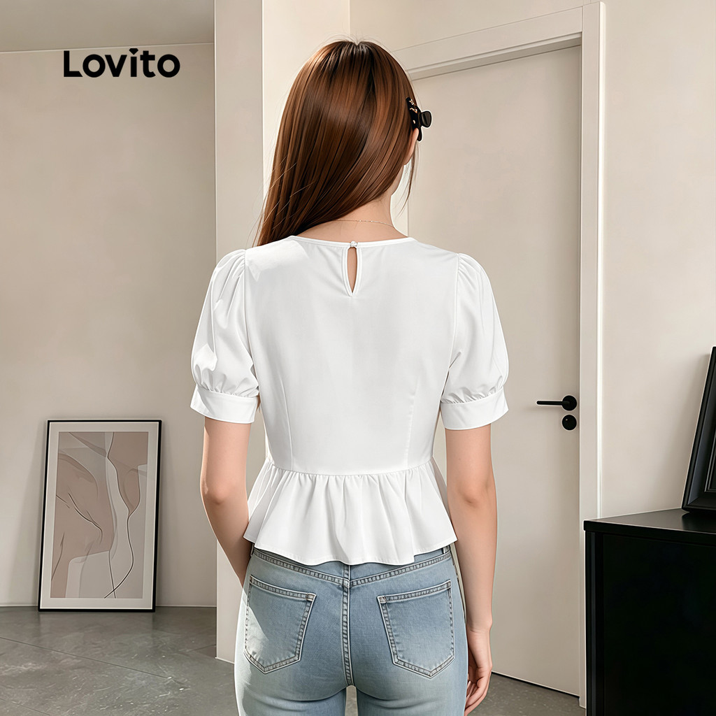 Lovito Branca Elegante Blusa Gingham Jacquard Blusa Verão/Primavera Para Mulheres L114AD317 · foto 2