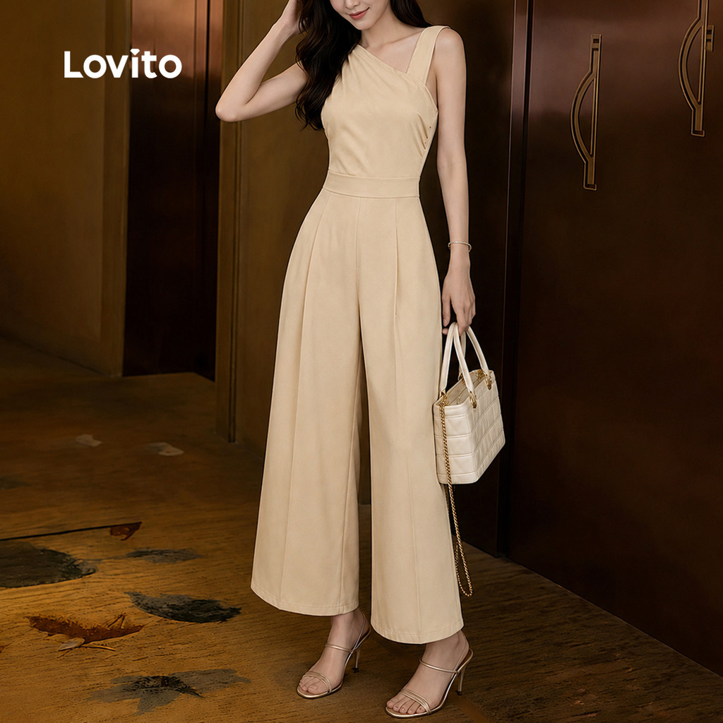 (Elegante) Lovito Macacão com Pregas Geométricas de Primavera/verão Cor Caqui para mulheres LK4ED772