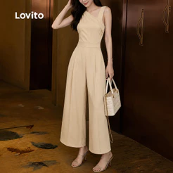 (Elegante) Lovito Macacão com Pregas Geométricas de Primavera/verão Cor Caqui para mulheres LK4ED772