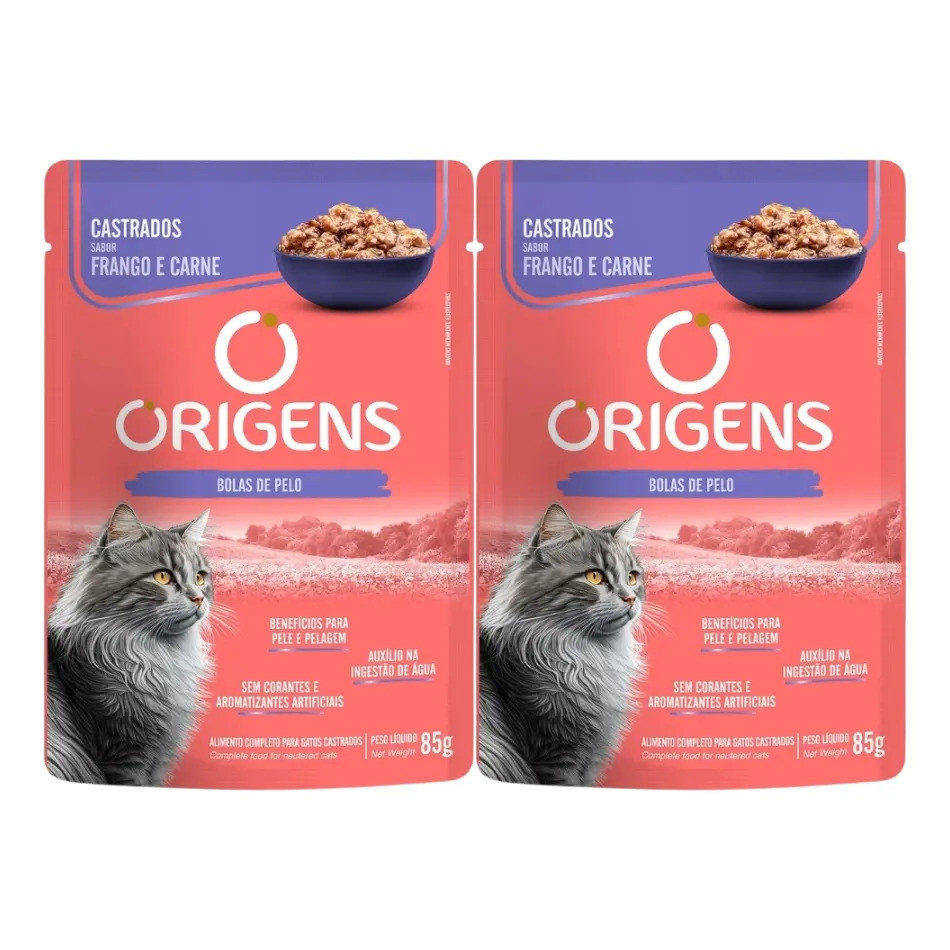 Sachê Origens Gato Adulto Castrado Salmão Frango/Carne 85g Caixa 18un