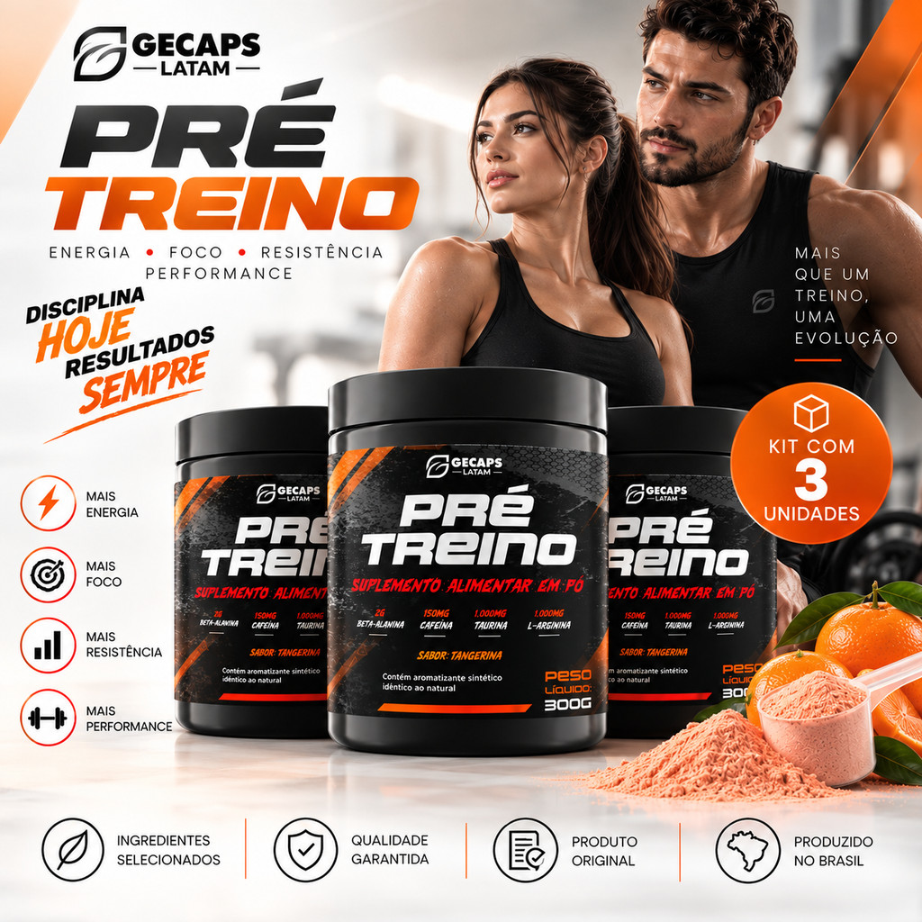 Kit 3 Pré Treino GL 300g S/Tangerina | Beta-Alanina Cafeína Taurina L-Arginina ENVIO IMEDIATO