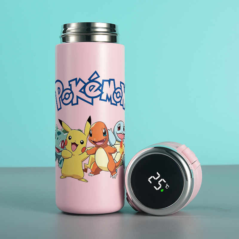 Garrafa térmica pikachu 420ml aço inoxidável com termômetro digital display LED e trava de segurança