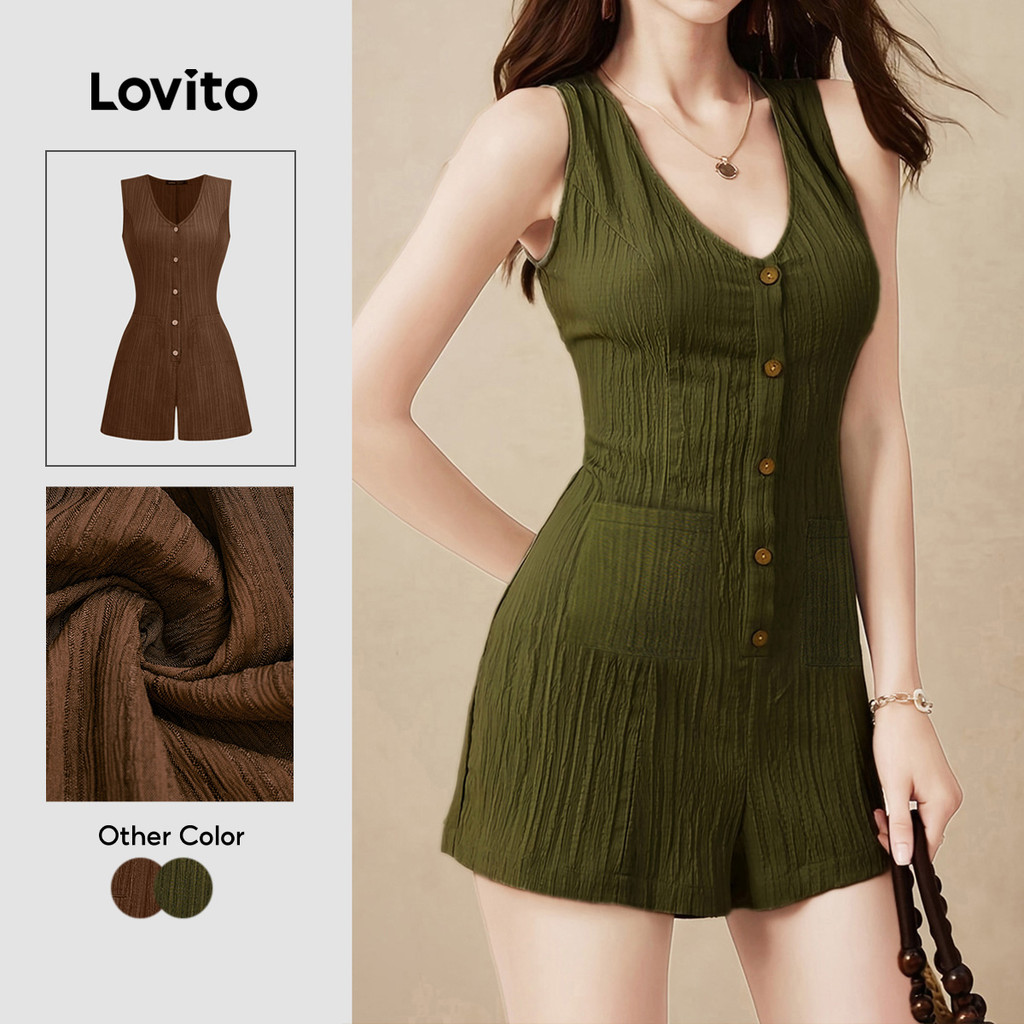 Lovito Casual Macacão com Botões Bolso Primavera/verão Macacão Verde Militar para mulheres L138AD884
