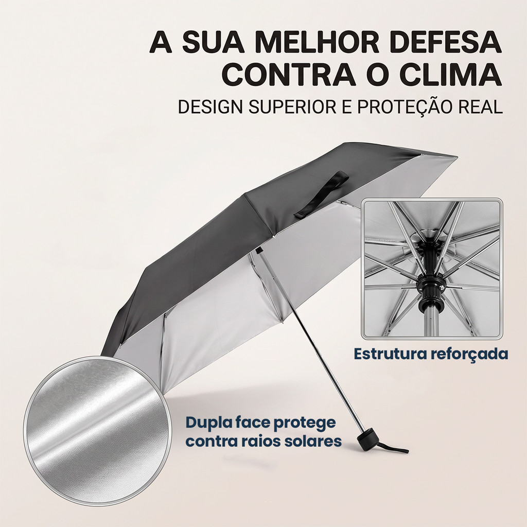 Guarda Chuva Sombrinha Dobrável Compacta De Bolsa Com Capa Forro Prateado Varetas De Aço Preto · foto 2