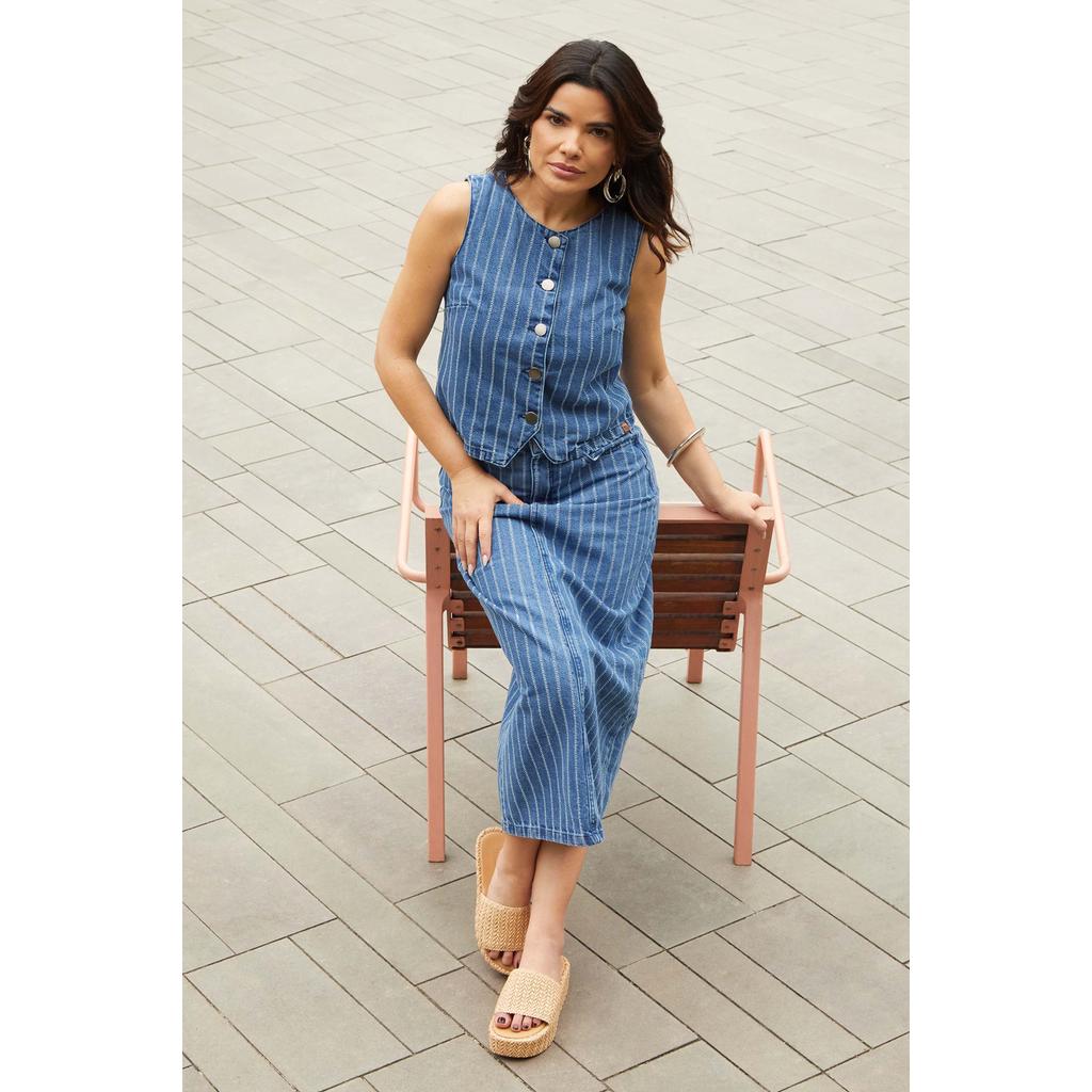 Saia Midi Feminina Jeans Listrada Marialícia Azul
