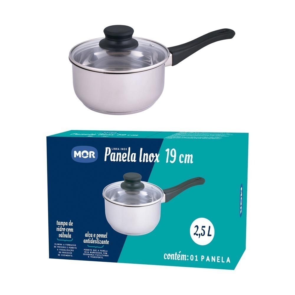 Panela Inox 19cm com Tampa de Vidro MOR Fundo Triplo 5 Camadas Compatível Fogão Gás Elétrico Indução