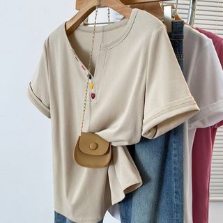 Tamanho grande com decote em v botões ombro genuíno manga curta camiseta feminina verão novo estilo gordura mm solto mai