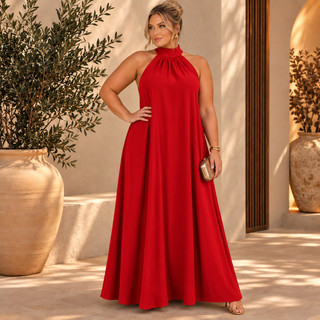 Vestido Longo Plus Size em Crepe Duna Fluido – Tamanho Único 44 ao 50