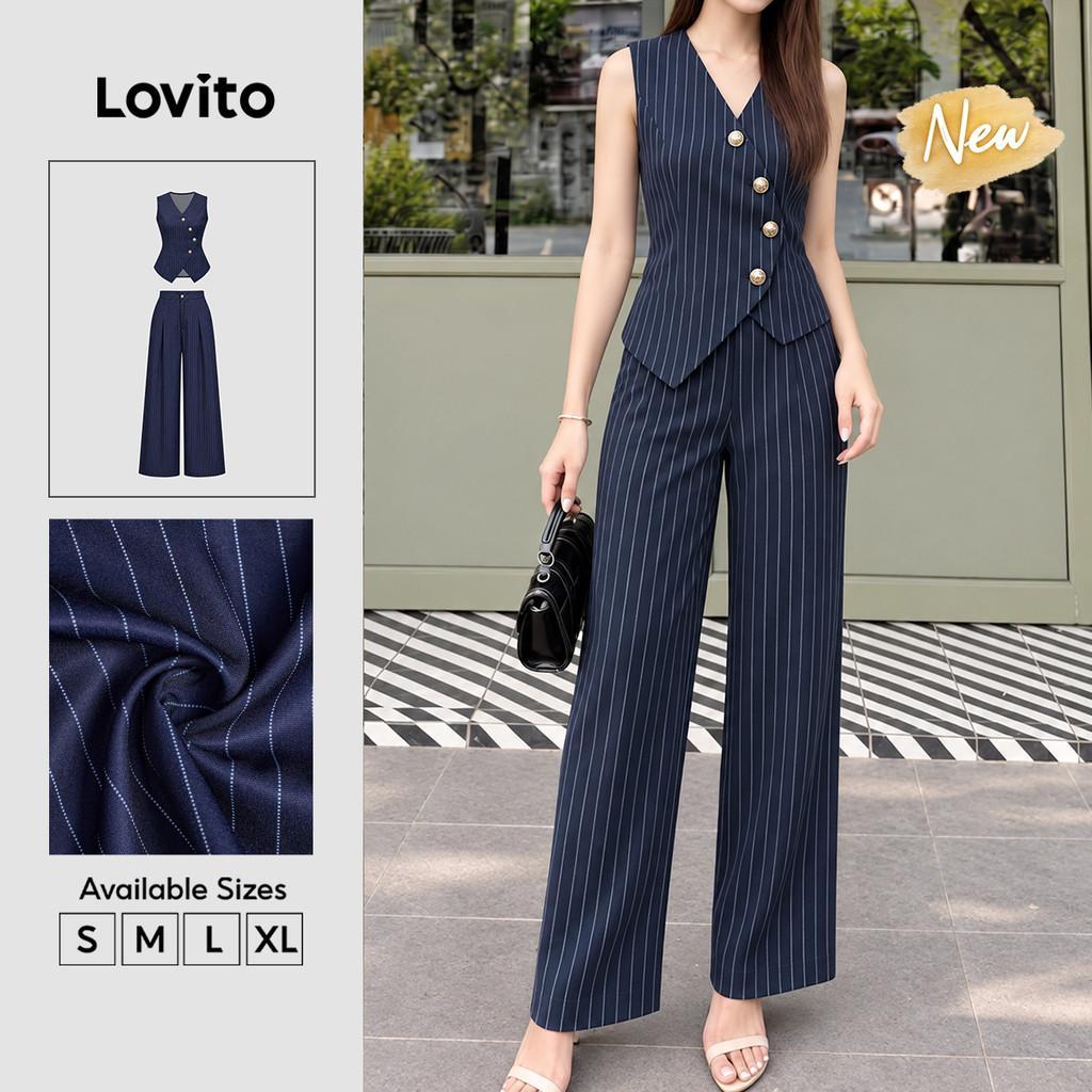 (New Arrival) Lovito Top Elegante Listrado Assimétrico Com Fivela De Metal E Bolso Azul Escuro Para Primavera Verão Férias Ou Trabalho Tops Ou Partes De Baixo Para Mulheres PSB40BR054