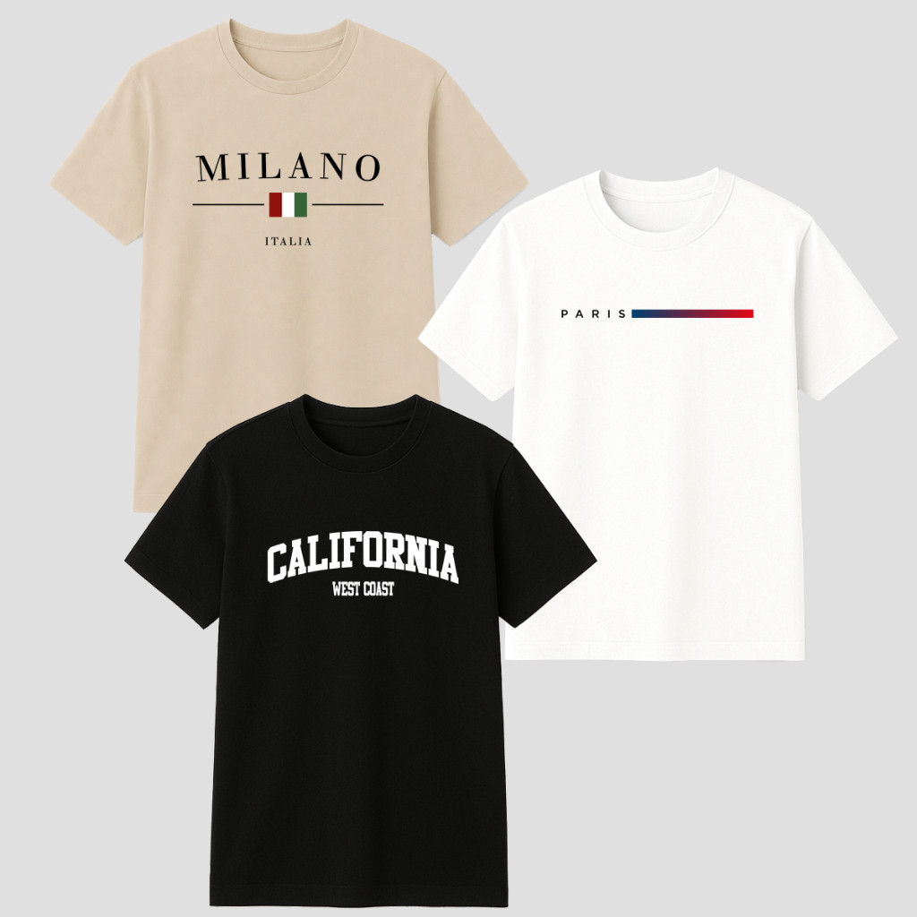 Kit 3 Camisetas Masculinas Estampadas California Milano Paris Camisas Femininas De Algodão Dia Dia