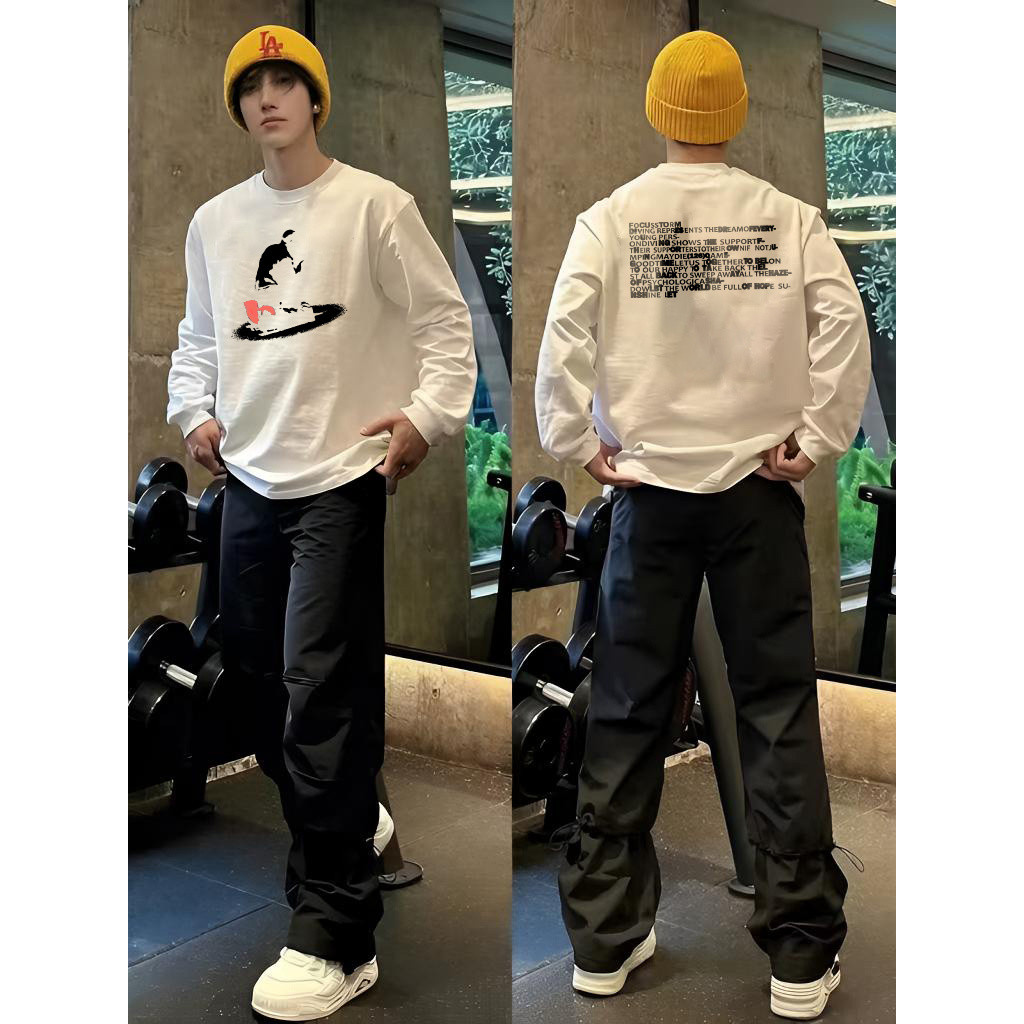 2026 primavera outono personagem Graffiti impressão de manga comprida camiseta masculina americano Retro pequeno decote 