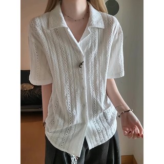 Estilo de dinheiro antigo gola cubana camisa masculina verão textura oca manga curta sensação solta moda na moda High-En