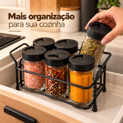 Porta Temperos 9 Condimento Vidro Organizador Cozinha Armário Bancada Suporte Aramado Preto Decoração