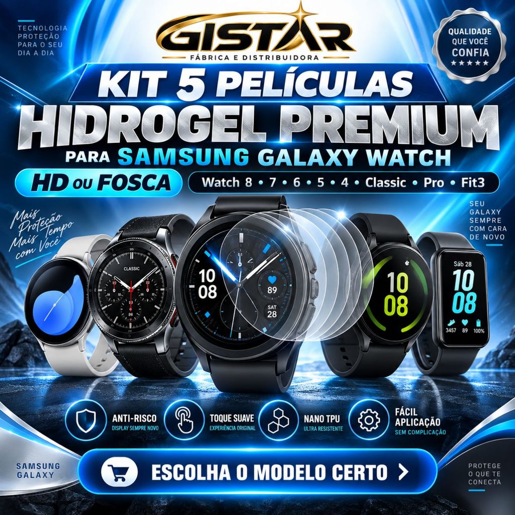5 Películas De Hidrogel p/ Samsung Galaxy Watch 8 ,7 6, 5, 4, Ultra Pro, Fit 3, Classic, 40, 44, 42mm, 43mm, 46mm, 47mm