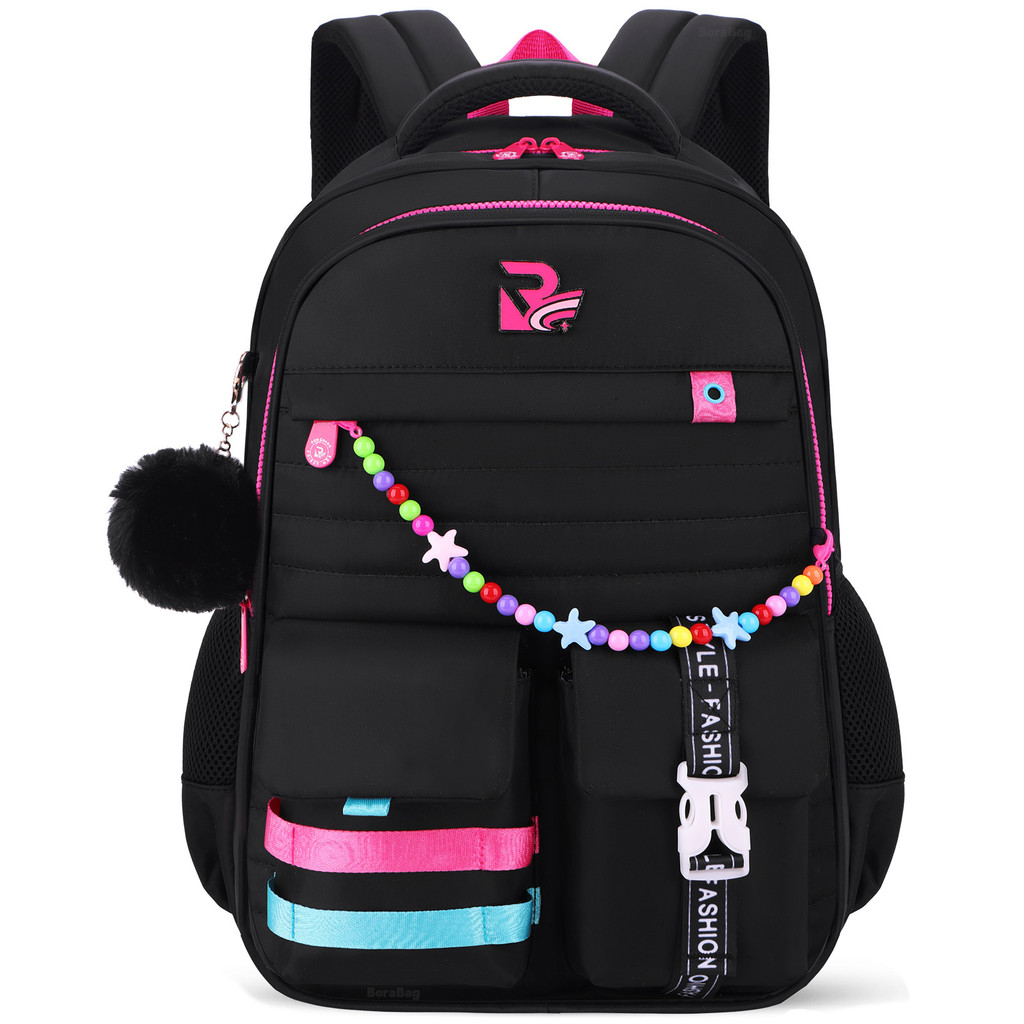 Mochila Escolar Feminina Preta Fofa com Pompom, Impermeável, Reforçada e Confortável para escola ou Viagem