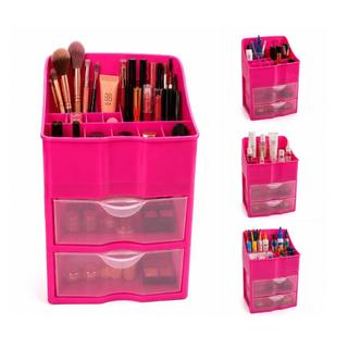 Gaveteiro Duplo Rosa Organizador Cosméticos Maquiagem 2 Gavetas Estante Guarda Tudo Multiuso Batons Pincéis Escritório Q