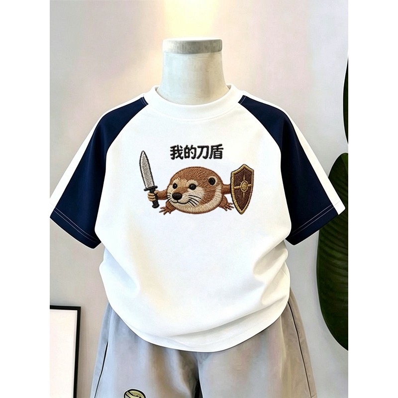 100% algodão meninos cor-bloqueando em torno do pescoço de manga curta camiseta 2026 verão médio grande crianças bebê mo