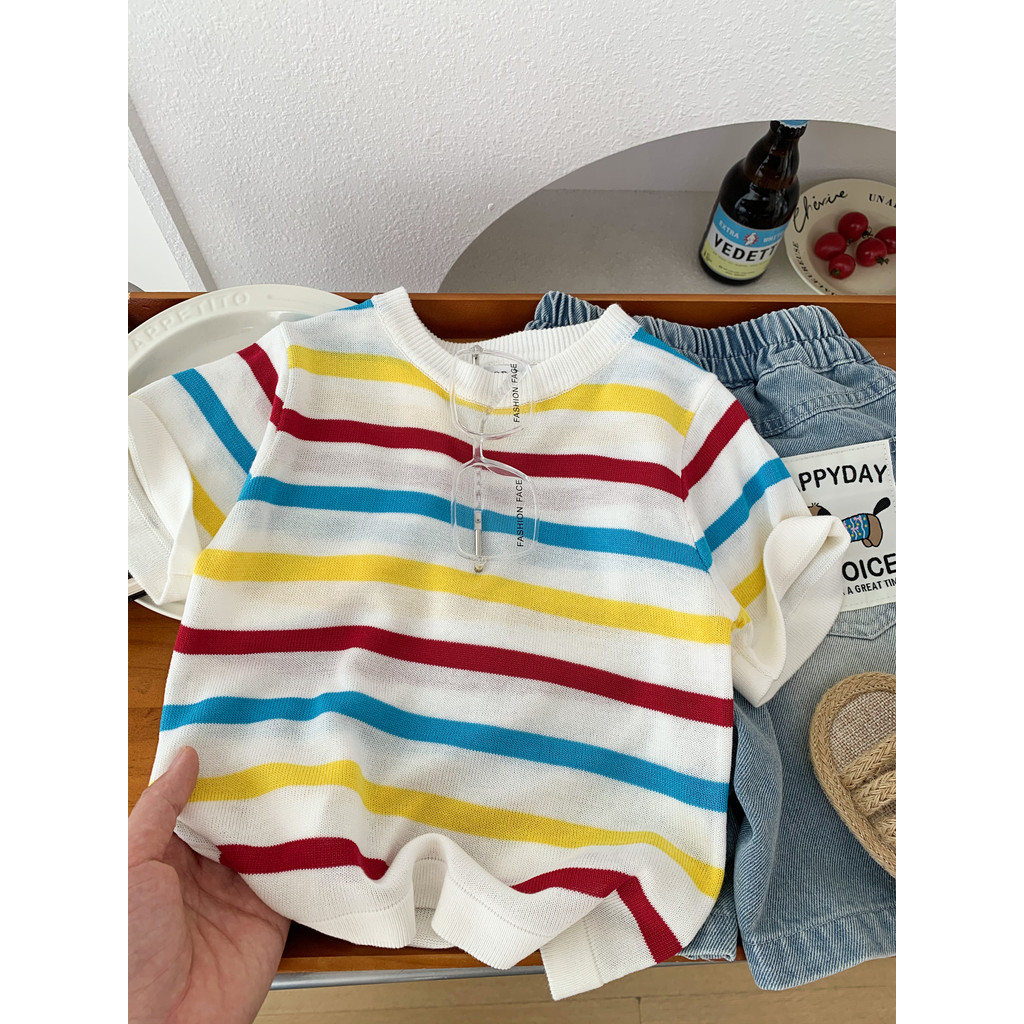 Meninos verão listrado camiseta de manga curta 2026 novo estilo crianças seda gelo respirável oco topo bebê moda meia ma