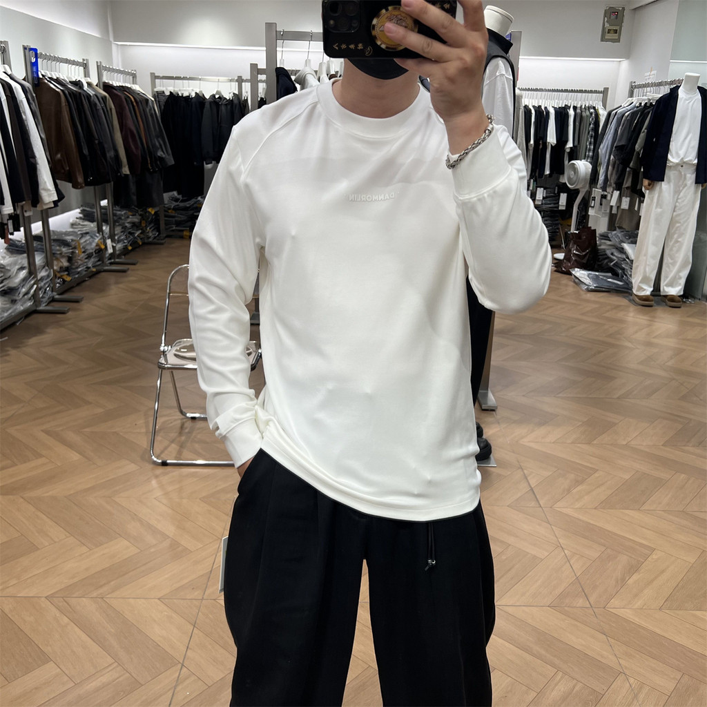 Silencioso outono luz luxo estilo minimalista carta impressa manga comprida camiseta masculina americana solta All-Match