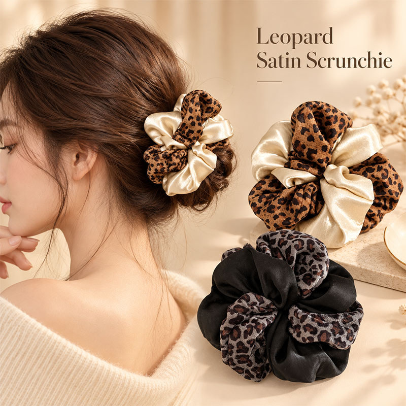 Leopardo Cetim Scrunchie Vintage Impressão Seda Cabelo Scrunchies Elegante Grande Laço De Rabo De Cavalo Titular Feminin