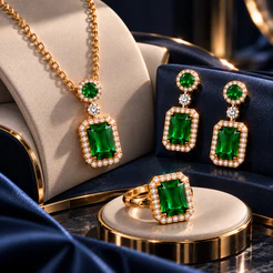 Conjunto Feminino Colar Brincos e Anel Verde Esmeralda Dourado 3 Peças Brilhante Elegante