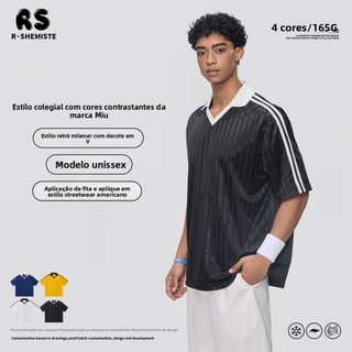 Camiseta masculina listrada com decote em V de manga curta retrô estilo Millennium Top esportivo de futebol leve