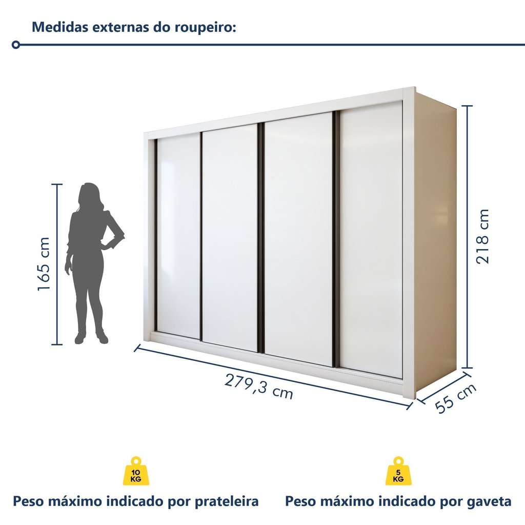 Guarda Roupa Casal Premium Liv 4 Portas de Correr e 4 Gavetas 279,3cm Yescasa Branco Branco · foto 2