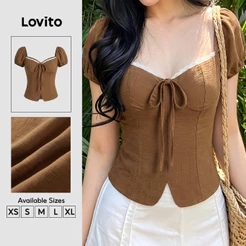 Lovito Blusa Casual Plissada com Cadarço Marrom Primavera/verão para mulheres BLK9TD044
